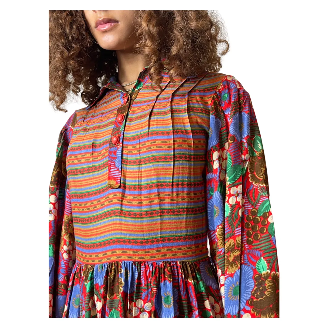 1970's Original Vintage Multi - Coloured Floral Long Sleeved Dress UK 10 - 12