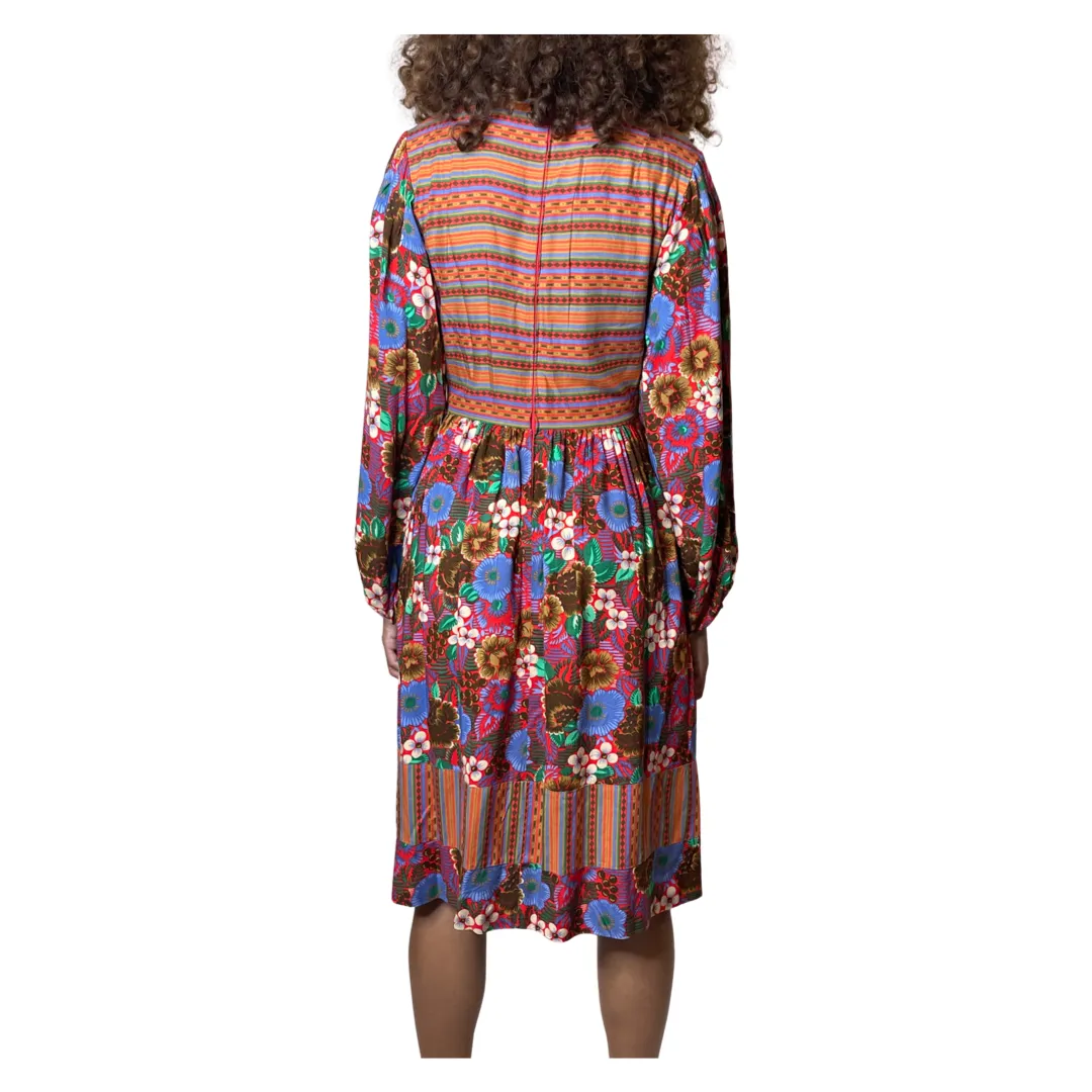 1970's Original Vintage Multi - Coloured Floral Long Sleeved Dress UK 10 - 12