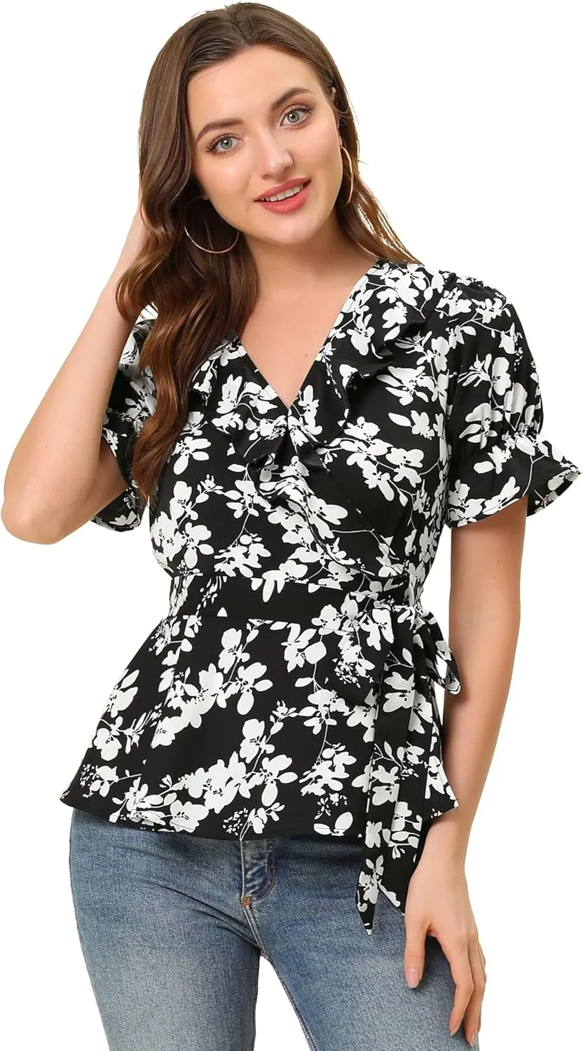 Allegra K Women's Wrap Peplum Top Blouse 2025 Summer Floral Short Sleeve Ruffle V Neck Belted Shirts