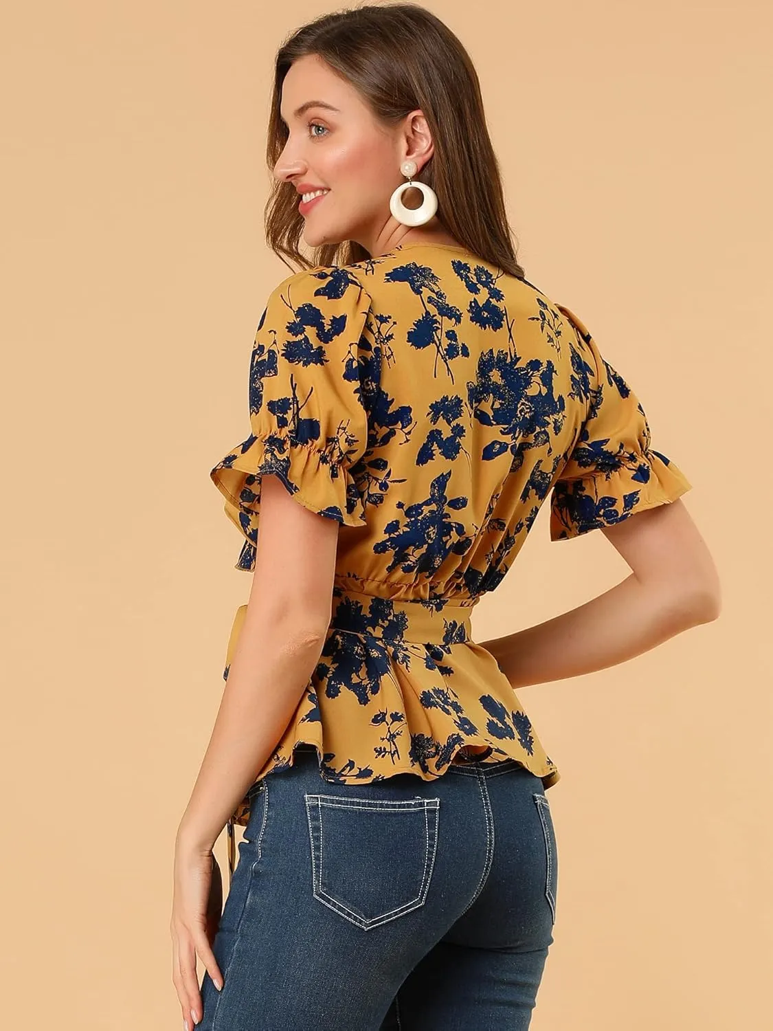 Allegra K Women's Wrap Peplum Top Blouse 2025 Summer Floral Short Sleeve Ruffle V Neck Belted Shirts