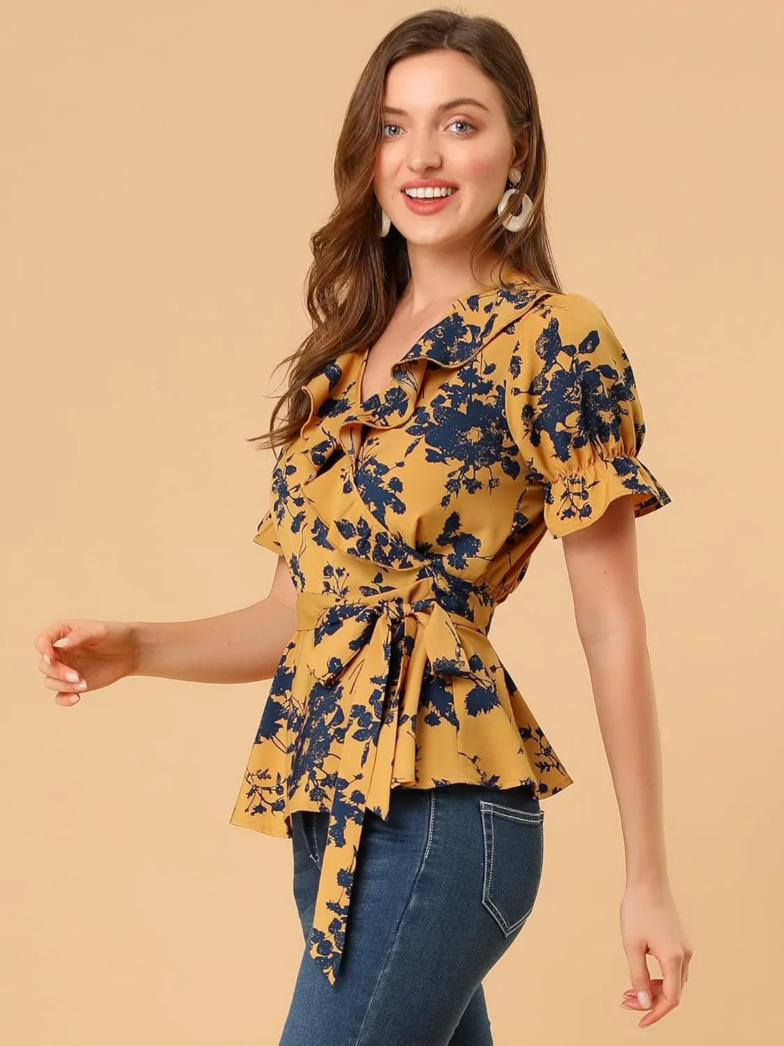 Allegra K Women's Wrap Peplum Top Blouse 2025 Summer Floral Short Sleeve Ruffle V Neck Belted Shirts