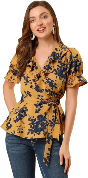 Allegra K Women's Wrap Peplum Top Blouse 2025 Summer Floral Short Sleeve Ruffle V Neck Belted Shirts