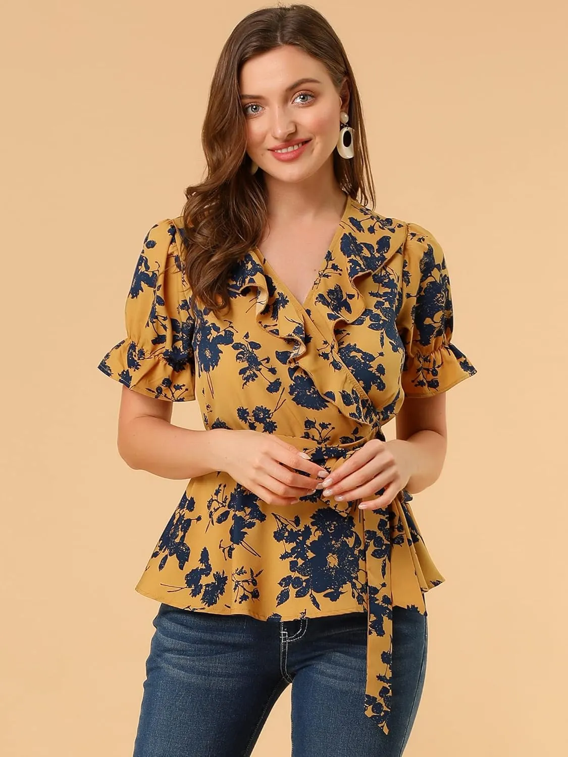 Allegra K Women's Wrap Peplum Top Blouse 2025 Summer Floral Short Sleeve Ruffle V Neck Belted Shirts