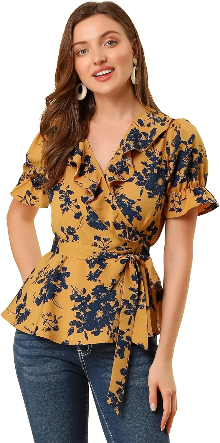 Allegra K Women's Wrap Peplum Top Blouse 2025 Summer Floral Short Sleeve Ruffle V Neck Belted Shirts