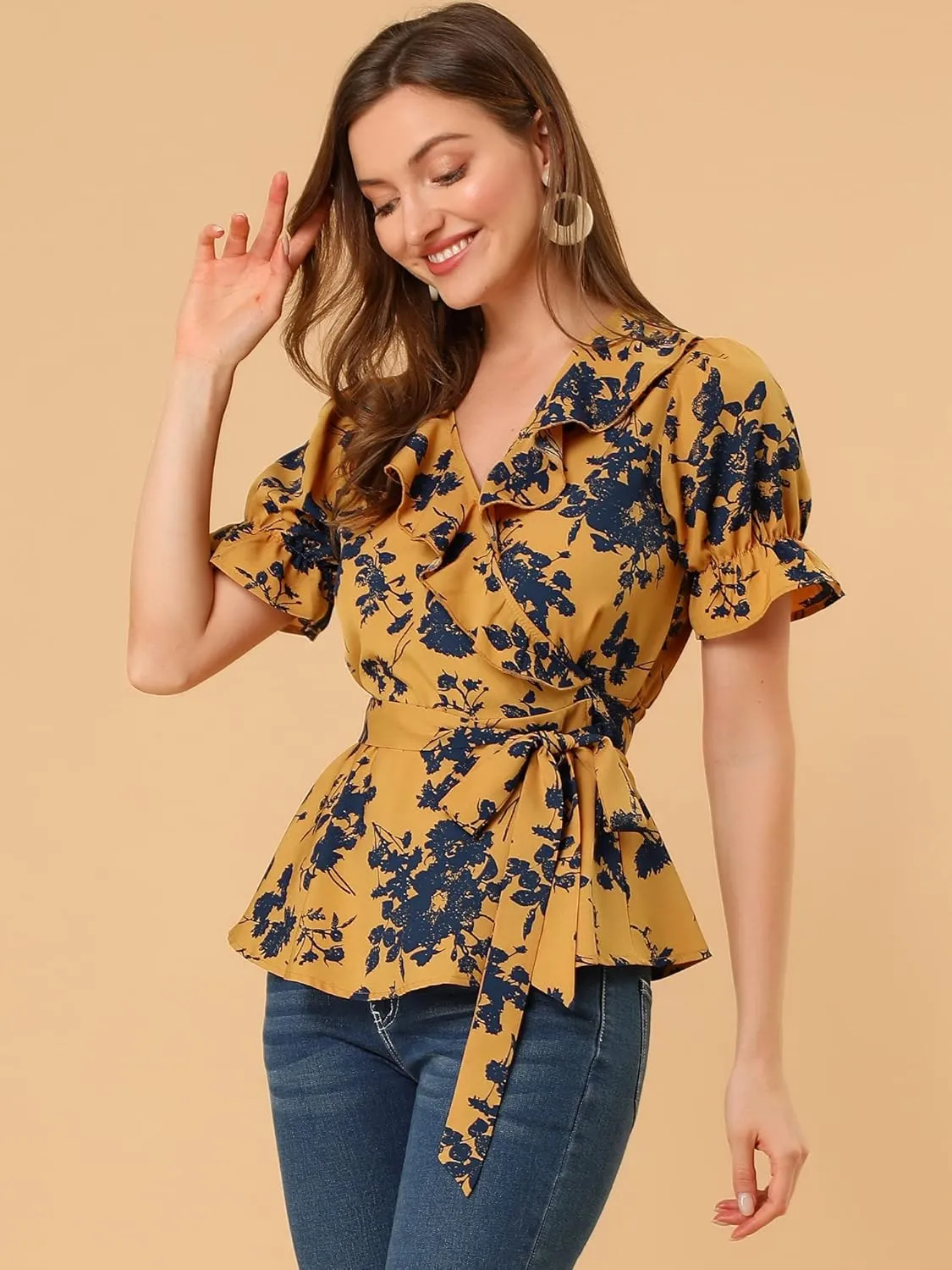 Allegra K Women's Wrap Peplum Top Blouse 2025 Summer Floral Short Sleeve Ruffle V Neck Belted Shirts