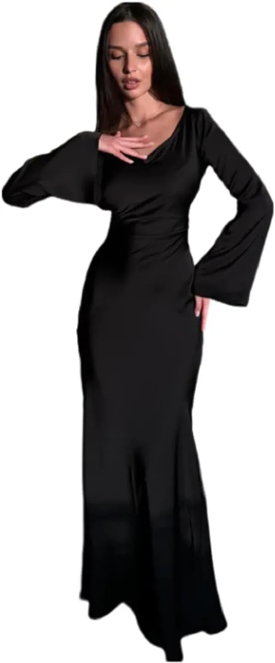 ANKOMINA Women's Elegant Flare Sleeve Satin Long Dress Round Neck Lace Up Bodycon Party Evening Dresses