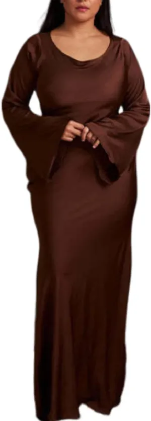 ANKOMINA Women's Elegant Flare Sleeve Satin Long Dress Round Neck Lace Up Bodycon Party Evening Dresses