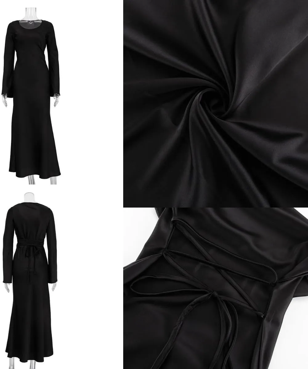 ANKOMINA Women's Elegant Flare Sleeve Satin Long Dress Round Neck Lace Up Bodycon Party Evening Dresses