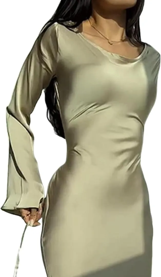 ANKOMINA Women's Elegant Flare Sleeve Satin Long Dress Round Neck Lace Up Bodycon Party Evening Dresses