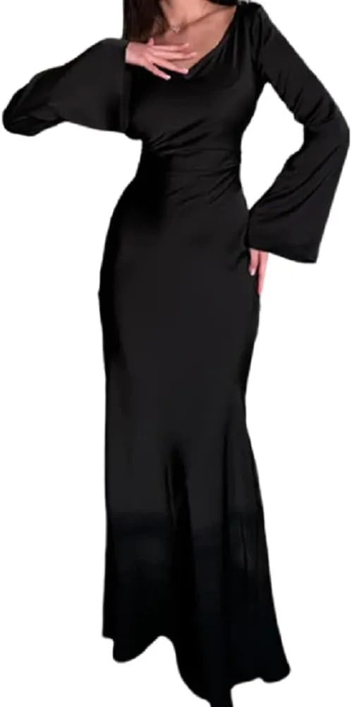 ANKOMINA Women's Elegant Flare Sleeve Satin Long Dress Round Neck Lace Up Bodycon Party Evening Dresses