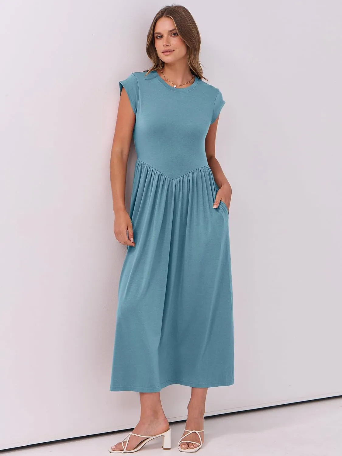 ANRABESS Women Cap Sleeve Maxi Dress Summer Dressy Casual Elegant Fit Flare High Waist Flowy Aline Long Beach Sundress
