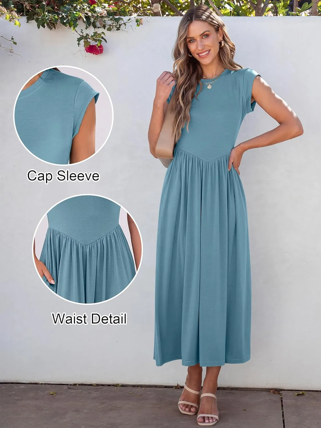 ANRABESS Women Cap Sleeve Maxi Dress Summer Dressy Casual Elegant Fit Flare High Waist Flowy Aline Long Beach Sundress