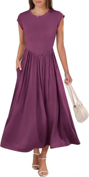 ANRABESS Women Cap Sleeve Maxi Dress Summer Dressy Casual Elegant Fit Flare High Waist Flowy Aline Long Beach Sundress