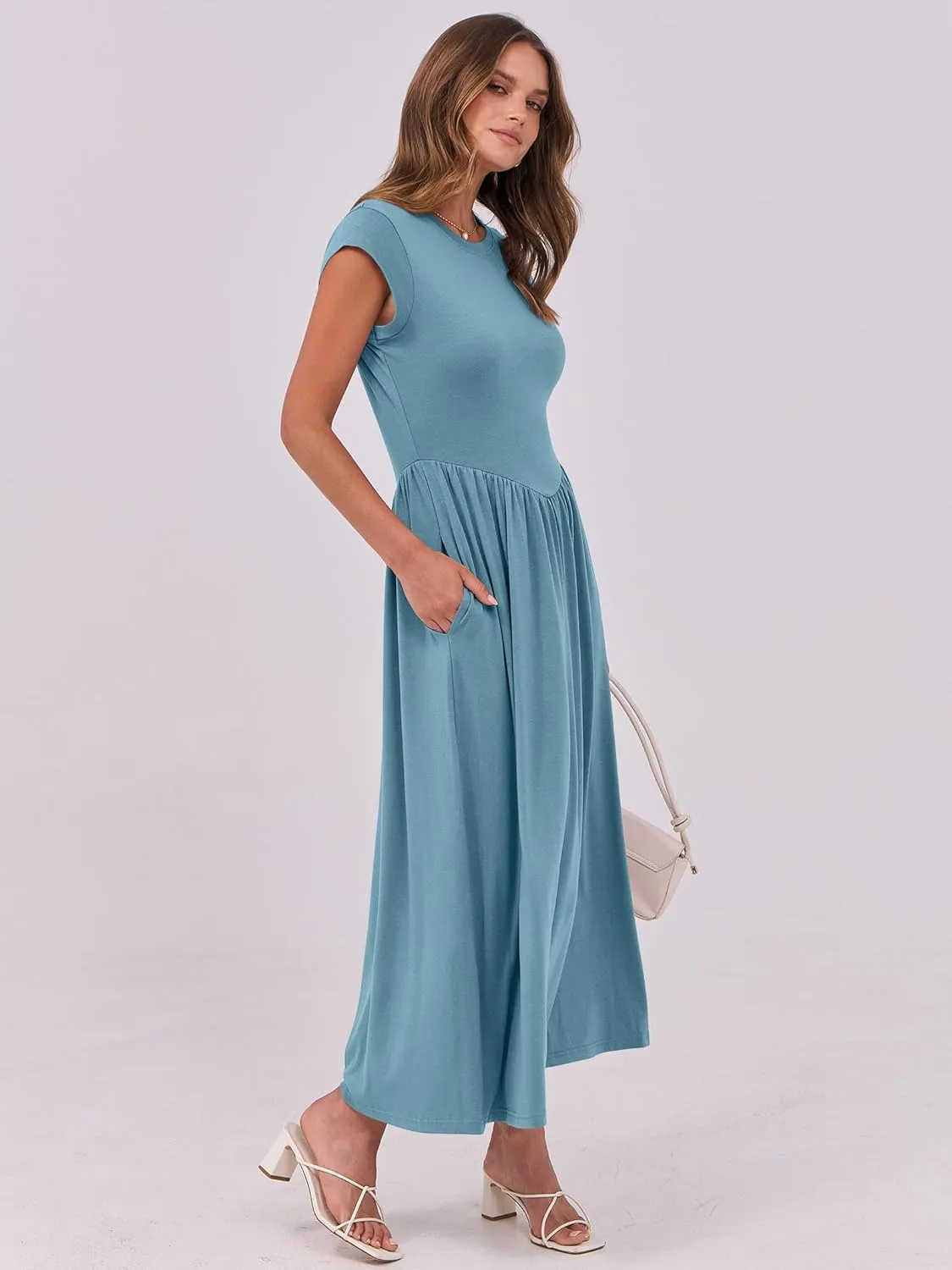 ANRABESS Women Cap Sleeve Maxi Dress Summer Dressy Casual Elegant Fit Flare High Waist Flowy Aline Long Beach Sundress