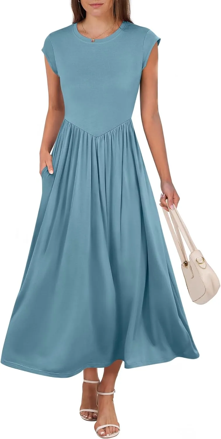 ANRABESS Women Cap Sleeve Maxi Dress Summer Dressy Casual Elegant Fit Flare High Waist Flowy Aline Long Beach Sundress
