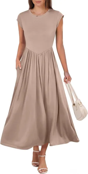 ANRABESS Women Cap Sleeve Maxi Dress Summer Dressy Casual Elegant Fit Flare High Waist Flowy Aline Long Beach Sundress