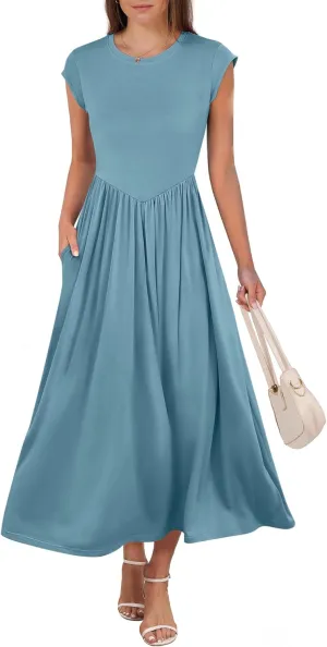 ANRABESS Women Cap Sleeve Maxi Dress Summer Dressy Casual Elegant Fit Flare High Waist Flowy Aline Long Beach Sundress