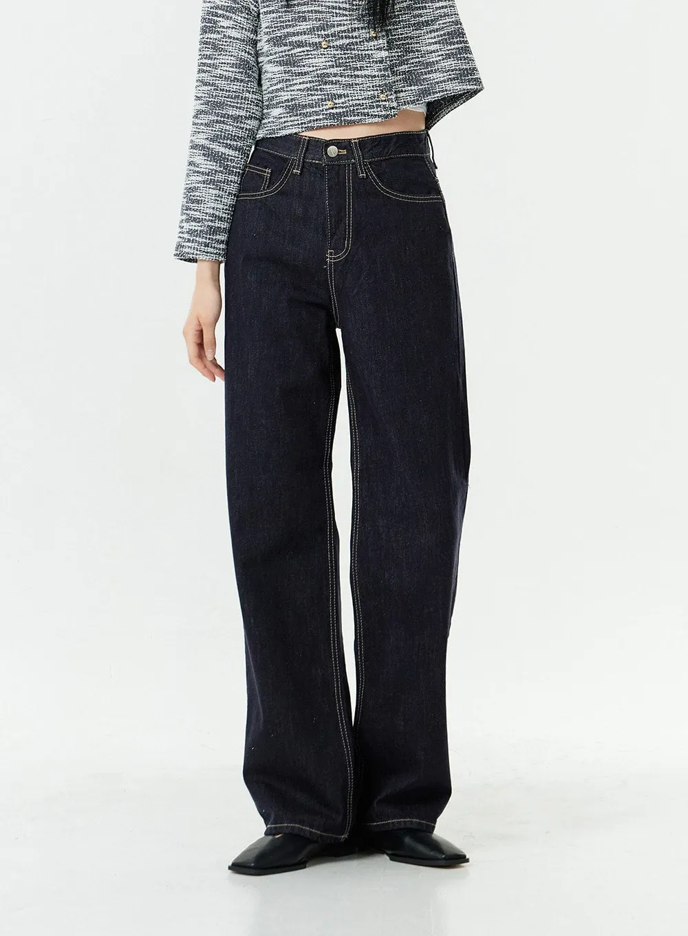 Basic Long Wide Leg Raw Denim Jeans OS01