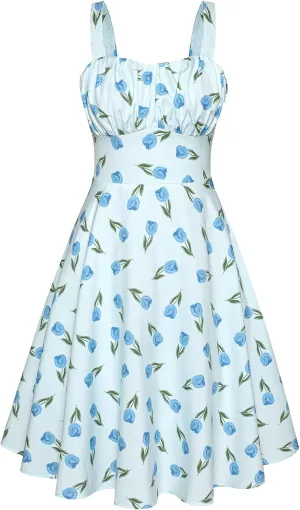 Belle Poque Women's Vintage Sleeveless Solid Floral Ruched Summer Cute A-Line Flowy Swing Midi Dress
