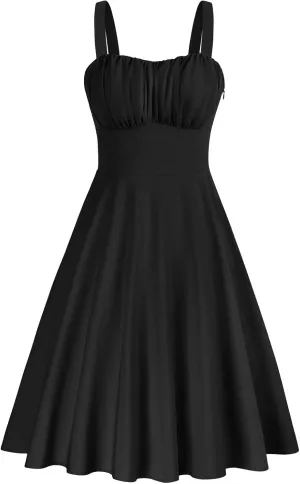 Belle Poque Women's Vintage Sleeveless Solid Floral Ruched Summer Cute A-Line Flowy Swing Midi Dress