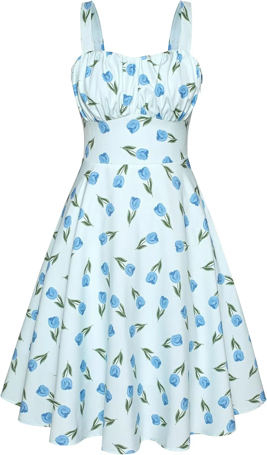 Belle Poque Women's Vintage Sleeveless Solid Floral Ruched Summer Cute A-Line Flowy Swing Midi Dress