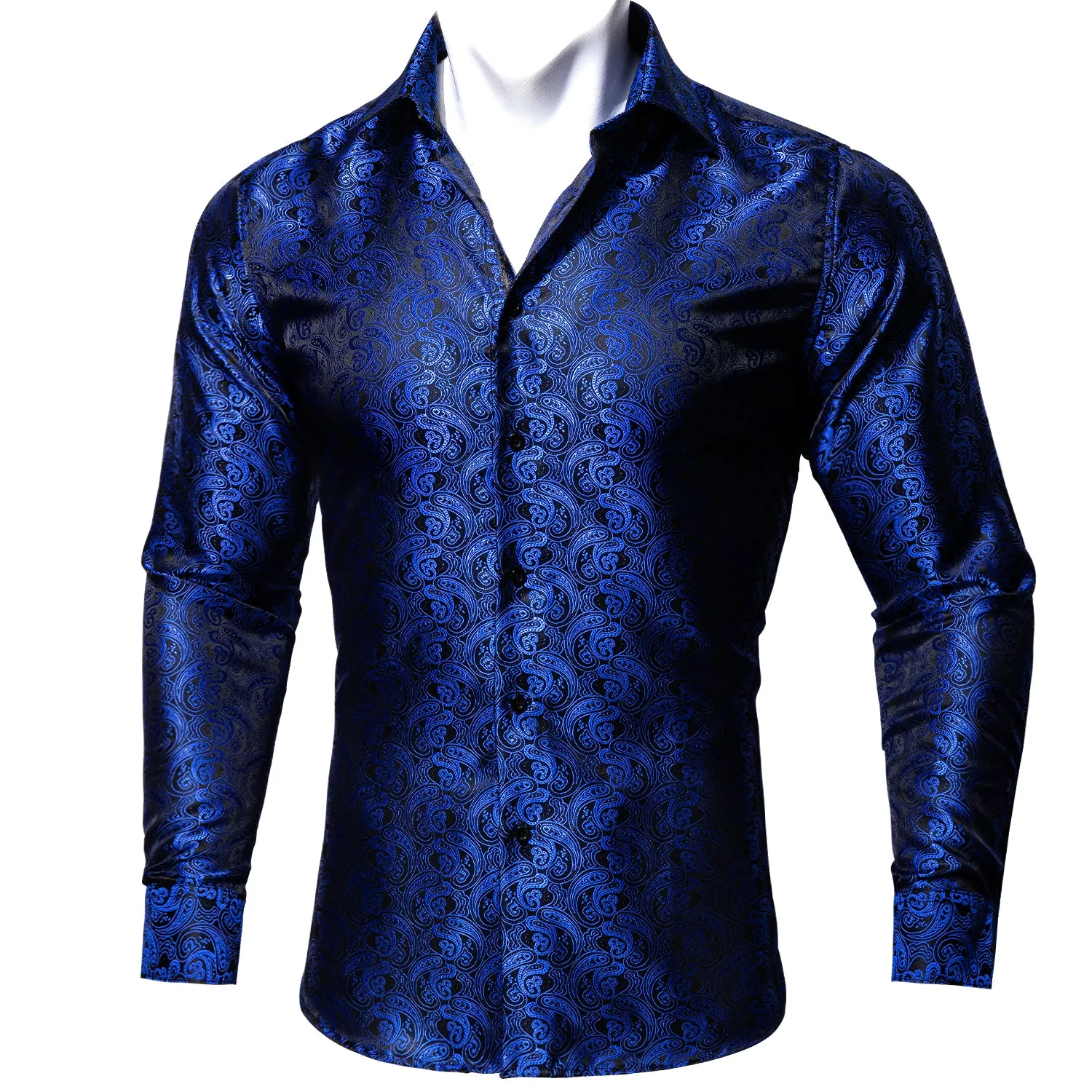 Black Blue Paisley Style Silk Men's Long Sleeve Shirt