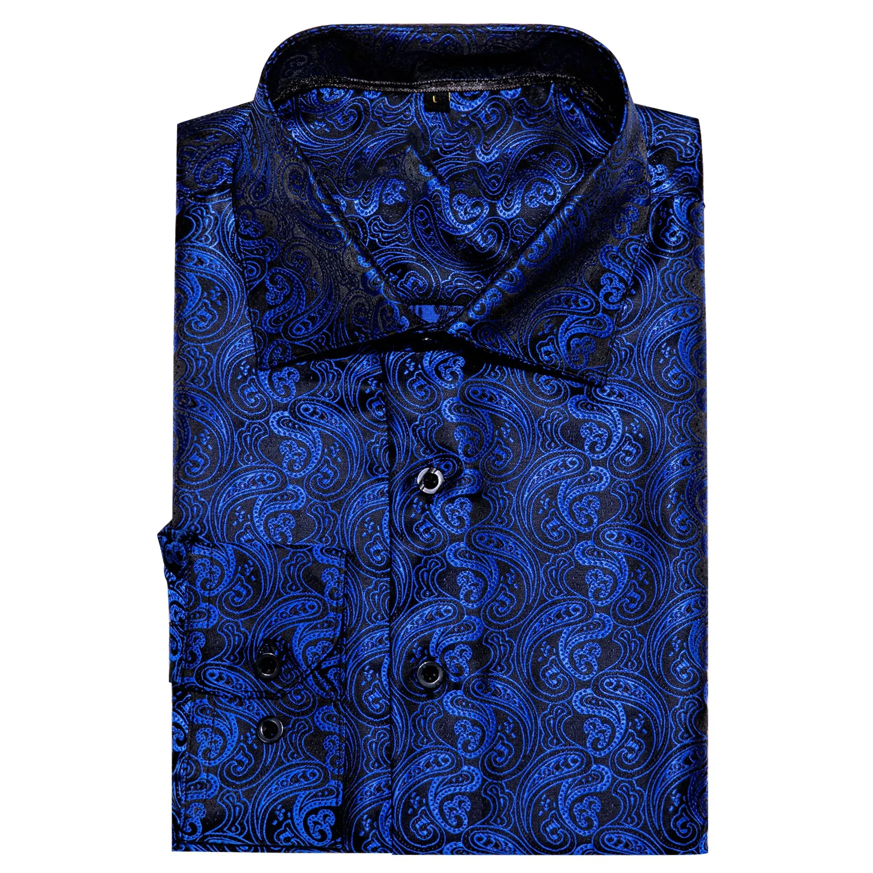 Black Blue Paisley Style Silk Men's Long Sleeve Shirt