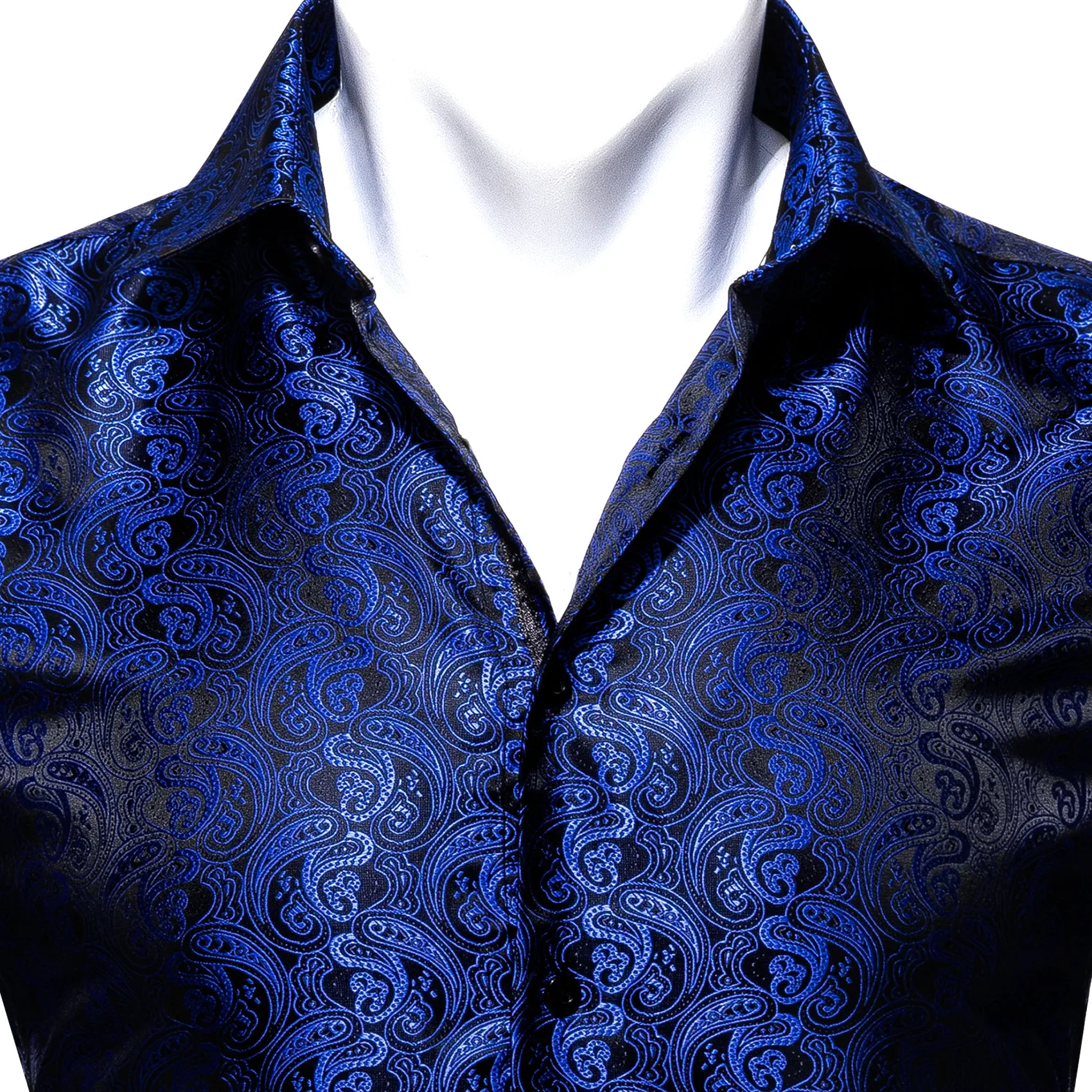 Black Blue Paisley Style Silk Men's Long Sleeve Shirt