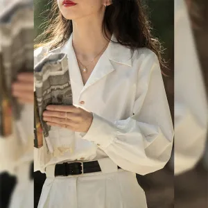Chic French Style Lantern Sleeve Women Shirt Vintage Solid Color Single Breasted Notched Loose Fashion Basic Female Shirt
