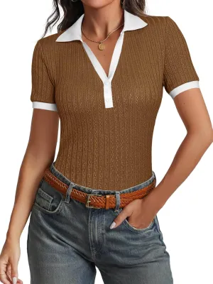 Cicy Bell Womens Fitted V Neck Polo Shirts Summer Short Sleeve Textured T-Shirts Ribbed Knit Dressy Casual Tops