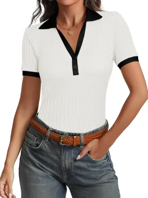 Cicy Bell Womens Fitted V Neck Polo Shirts Summer Short Sleeve Textured T-Shirts Ribbed Knit Dressy Casual Tops