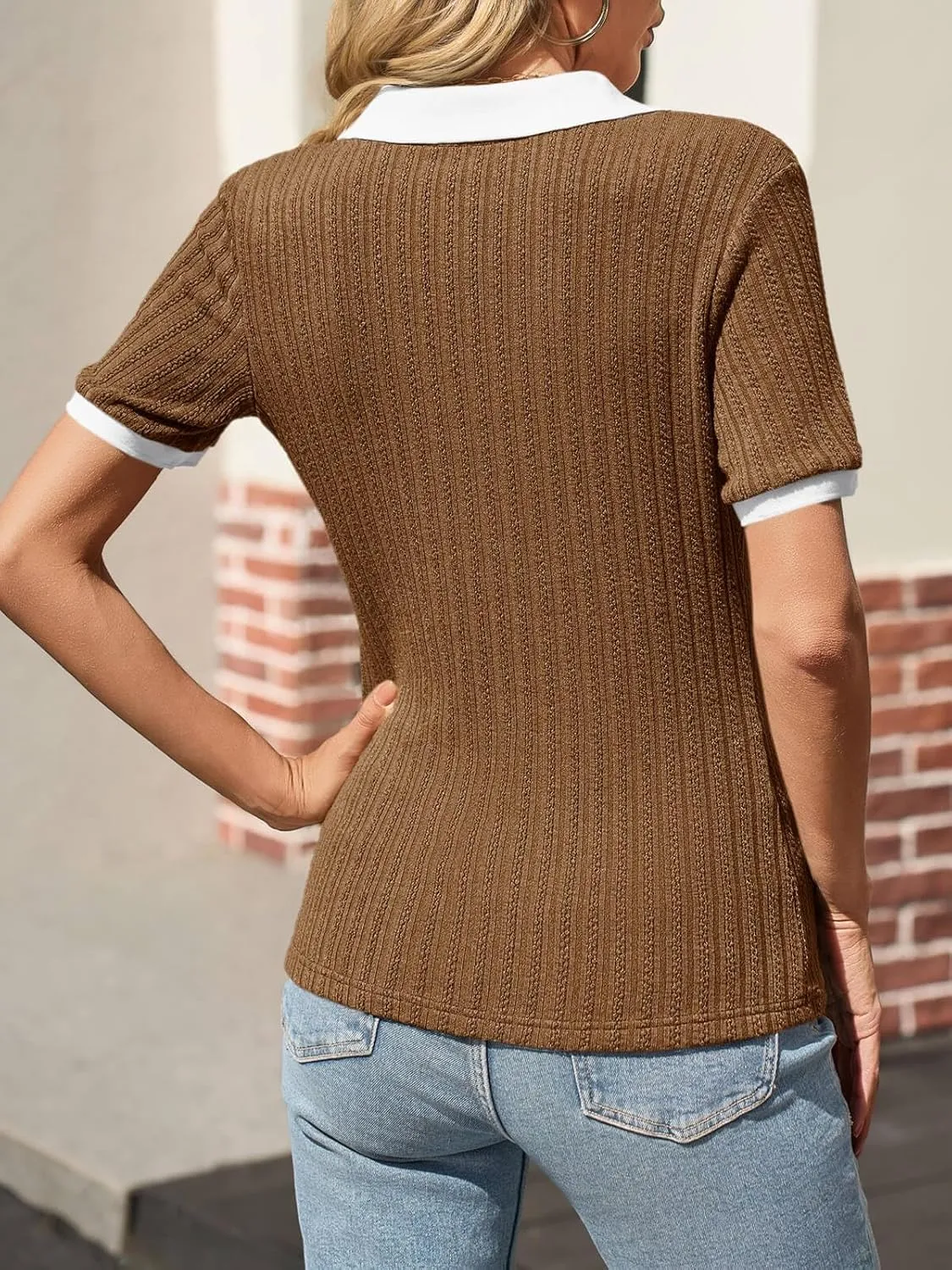 Cicy Bell Womens Fitted V Neck Polo Shirts Summer Short Sleeve Textured T-Shirts Ribbed Knit Dressy Casual Tops
