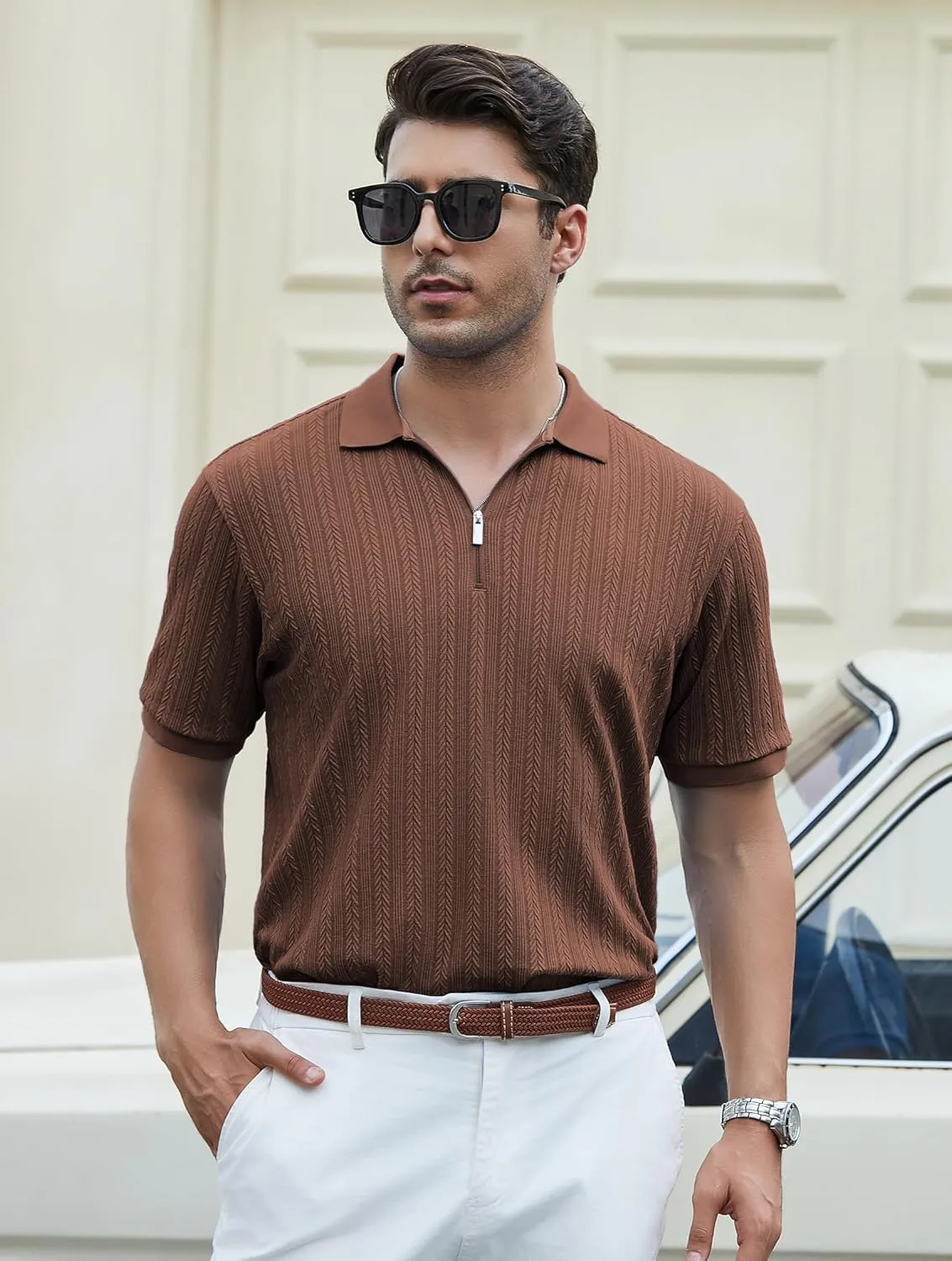 Esabel.C Men's Zipper Polo Shirts Textured Knit Short Sleeve Ribbed Stretchy Polo Shirts for Men