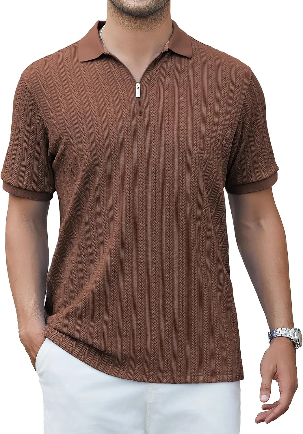 Esabel.C Men's Zipper Polo Shirts Textured Knit Short Sleeve Ribbed Stretchy Polo Shirts for Men