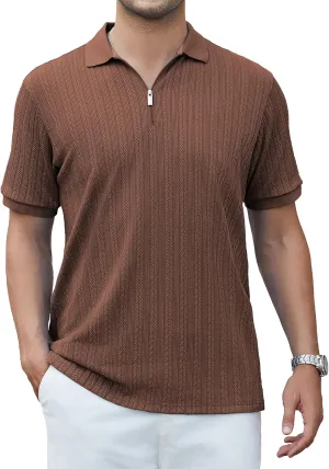 Esabel.C Men's Zipper Polo Shirts Textured Knit Short Sleeve Ribbed Stretchy Polo Shirts for Men