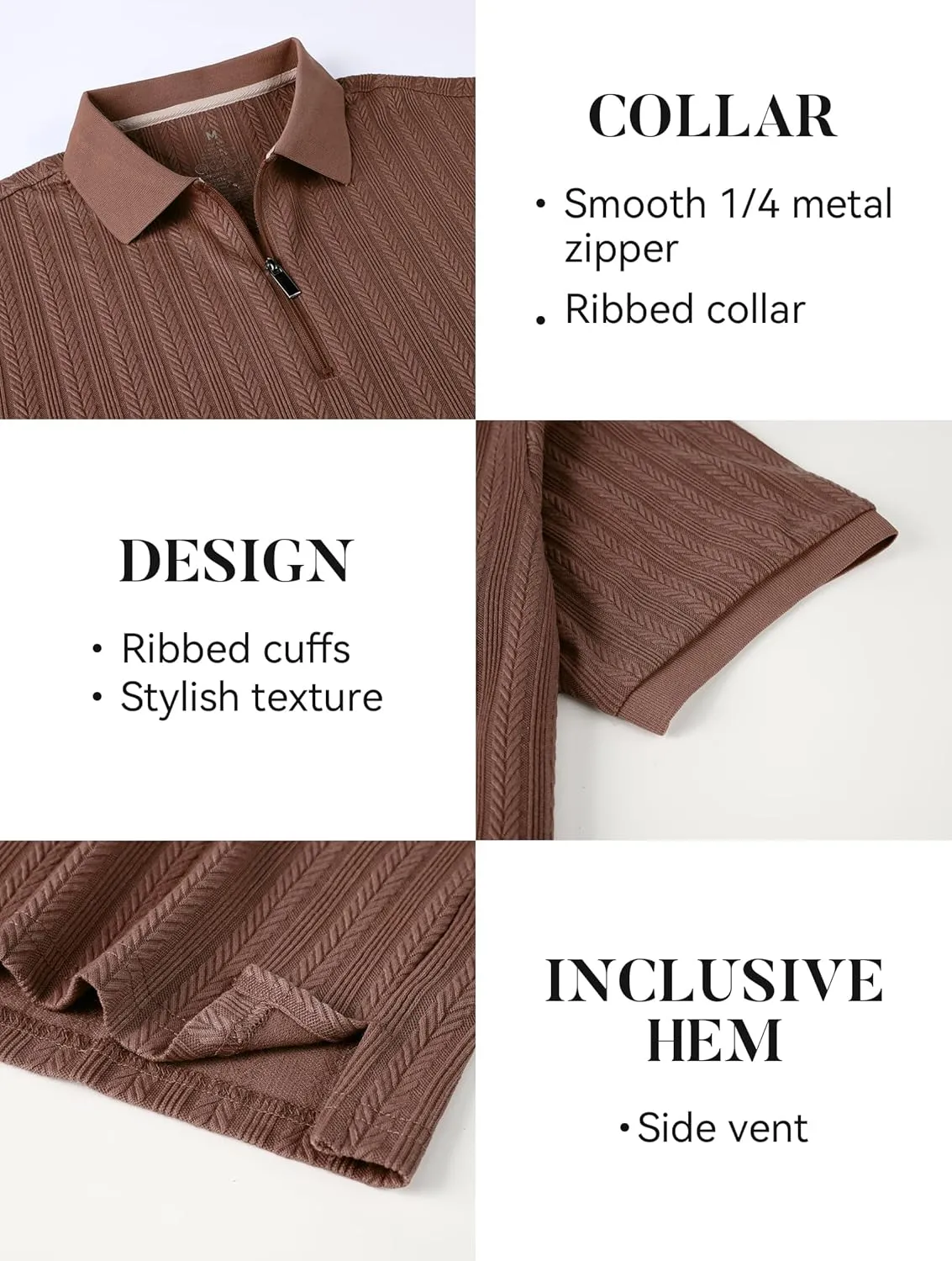 Esabel.C Men's Zipper Polo Shirts Textured Knit Short Sleeve Ribbed Stretchy Polo Shirts for Men