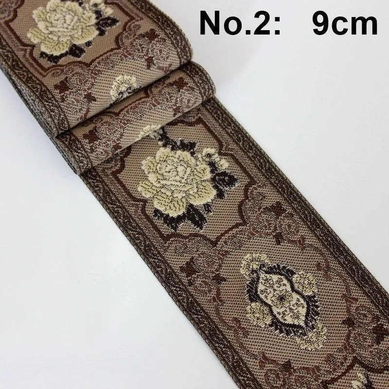 Ethnic Flowers Embroidery 90mm 3 1/2" Jacquard Ribbon Polyester Silk Metallic Fabric Trim For Wedding Dress Blouse Pillow Border Linen Hat
