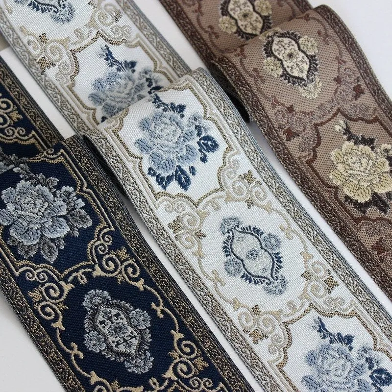 Ethnic Flowers Embroidery 90mm 3 1/2" Jacquard Ribbon Polyester Silk Metallic Fabric Trim For Wedding Dress Blouse Pillow Border Linen Hat
