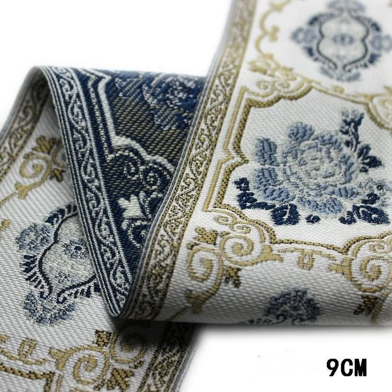 Ethnic Flowers Embroidery 90mm 3 1/2" Jacquard Ribbon Polyester Silk Metallic Fabric Trim For Wedding Dress Blouse Pillow Border Linen Hat