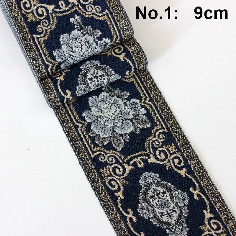 Ethnic Flowers Embroidery 90mm 3 1/2" Jacquard Ribbon Polyester Silk Metallic Fabric Trim For Wedding Dress Blouse Pillow Border Linen Hat
