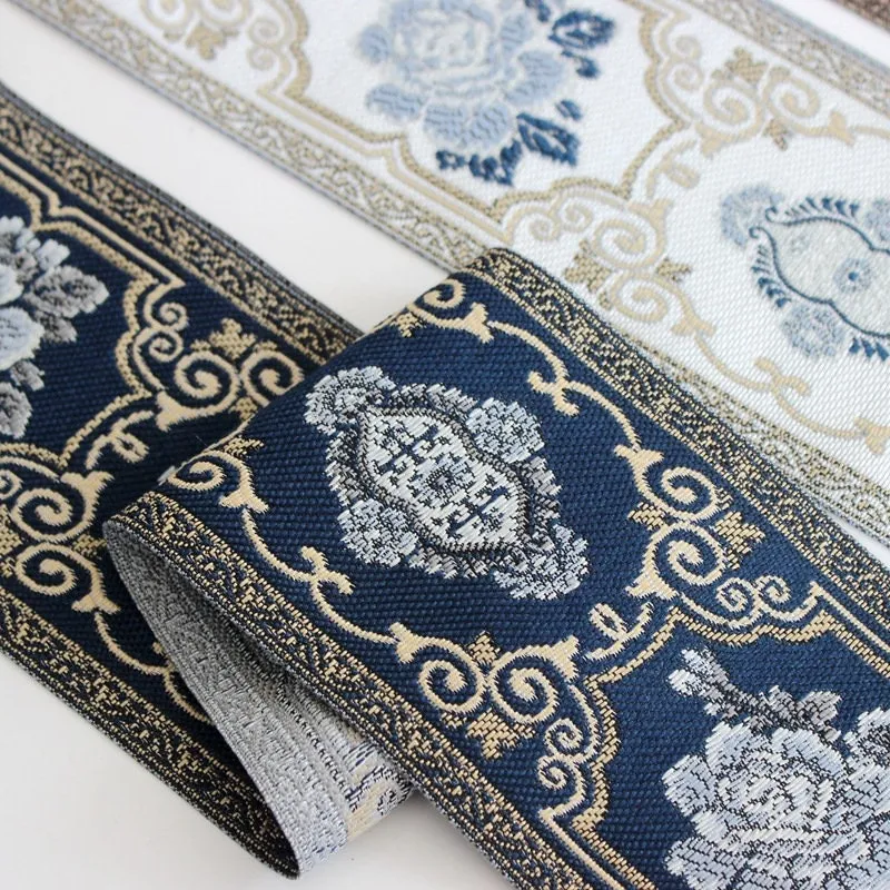 Ethnic Flowers Embroidery 90mm 3 1/2" Jacquard Ribbon Polyester Silk Metallic Fabric Trim For Wedding Dress Blouse Pillow Border Linen Hat