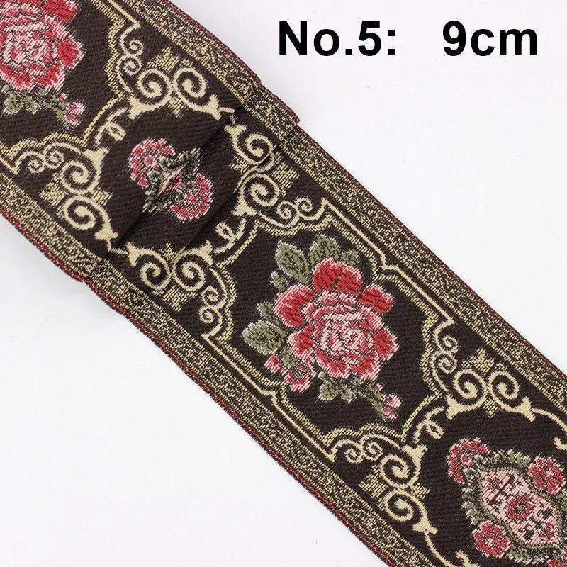 Ethnic Flowers Embroidery 90mm 3 1/2" Jacquard Ribbon Polyester Silk Metallic Fabric Trim For Wedding Dress Blouse Pillow Border Linen Hat