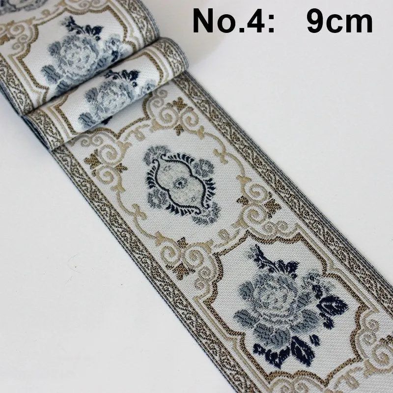 Ethnic Flowers Embroidery 90mm 3 1/2" Jacquard Ribbon Polyester Silk Metallic Fabric Trim For Wedding Dress Blouse Pillow Border Linen Hat