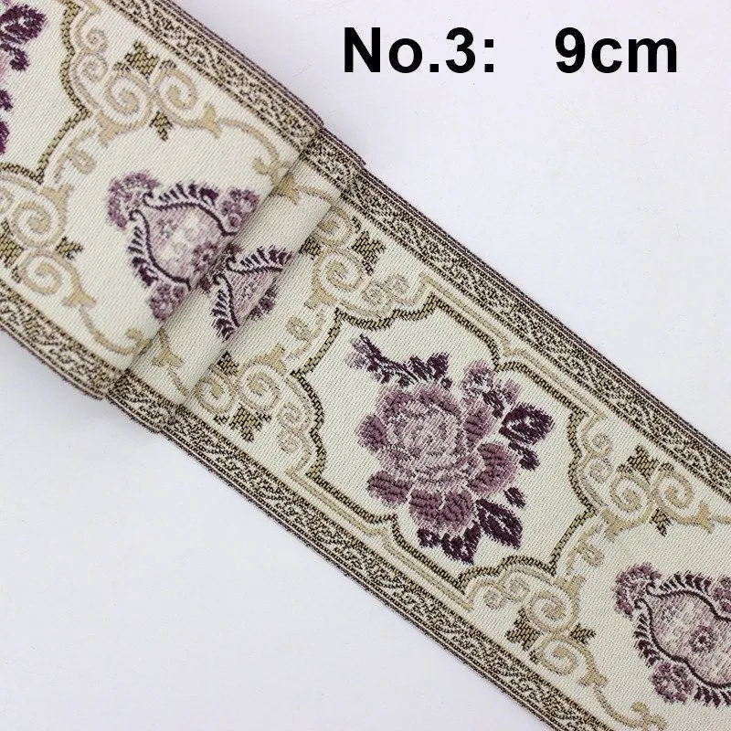 Ethnic Flowers Embroidery 90mm 3 1/2" Jacquard Ribbon Polyester Silk Metallic Fabric Trim For Wedding Dress Blouse Pillow Border Linen Hat