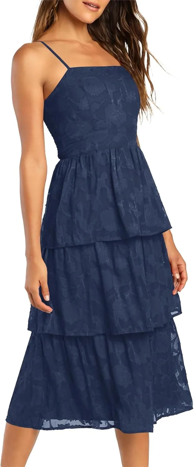 Ferlema Women's 2025 Summer Sleeveless Spaghetti Strap Smocked Tiered Flowy Beach Cocktail Midi Dresses
