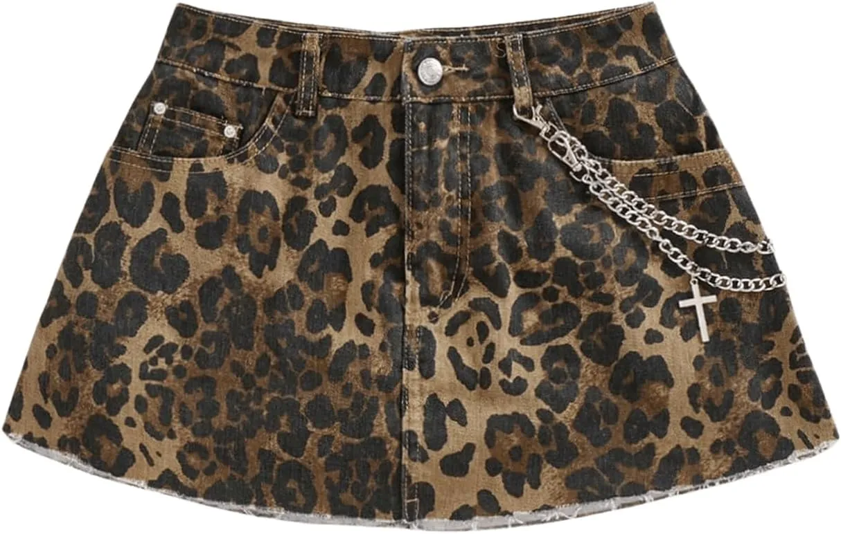 Floerns Women's Cheetah Print Skirts Low Waist Leopard Goth Denim Mini Skirt
