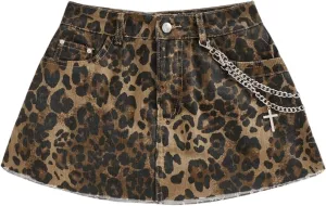 Floerns Women's Cheetah Print Skirts Low Waist Leopard Goth Denim Mini Skirt