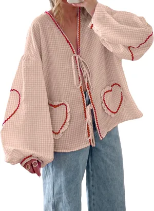 Giraropa Women Plaid Tie Front Top Cute Trim Patchwork Shirt Summer Y2k Puff Long Sleeve V Neck Lace Up Loose Blouse
