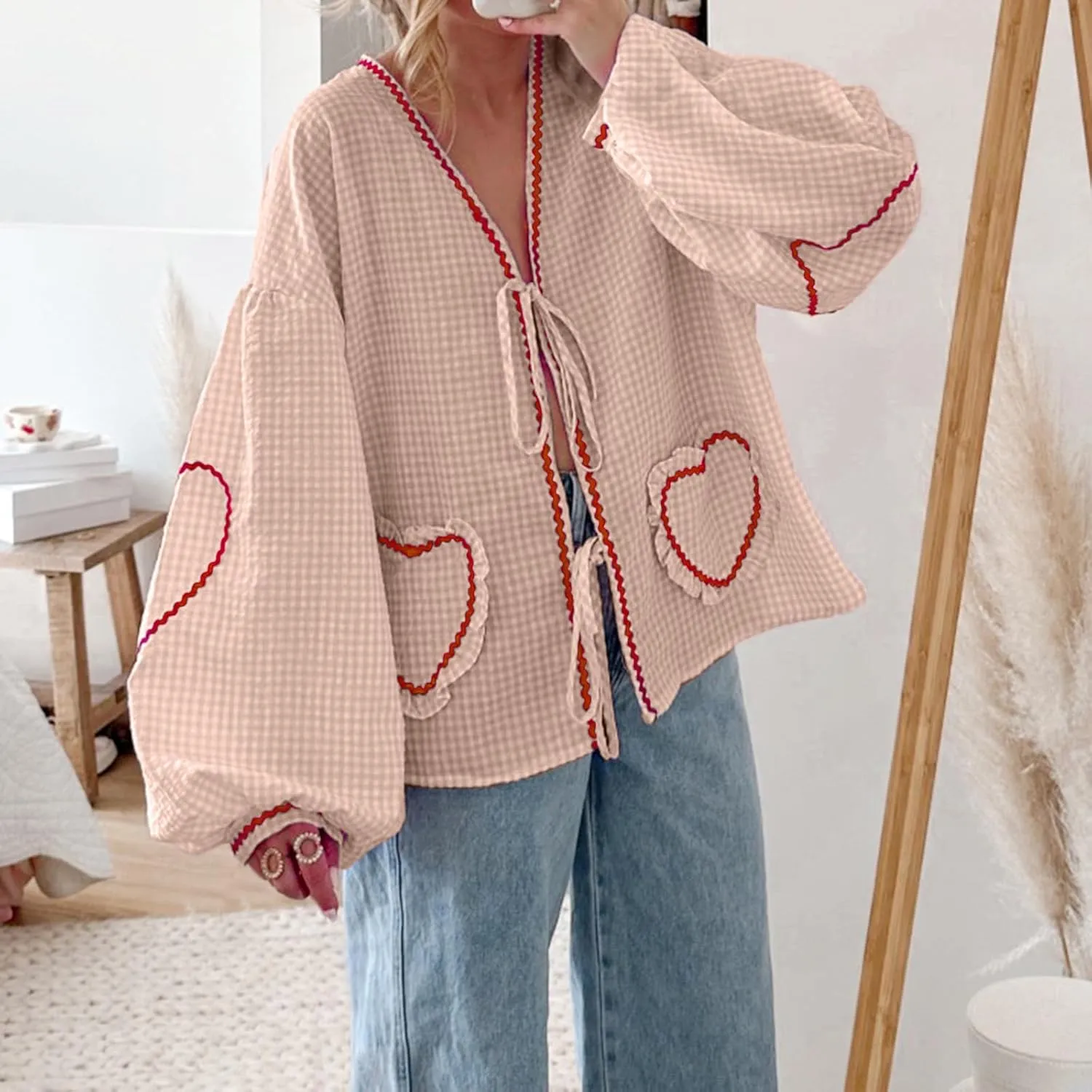 Giraropa Women Plaid Tie Front Top Cute Trim Patchwork Shirt Summer Y2k Puff Long Sleeve V Neck Lace Up Loose Blouse