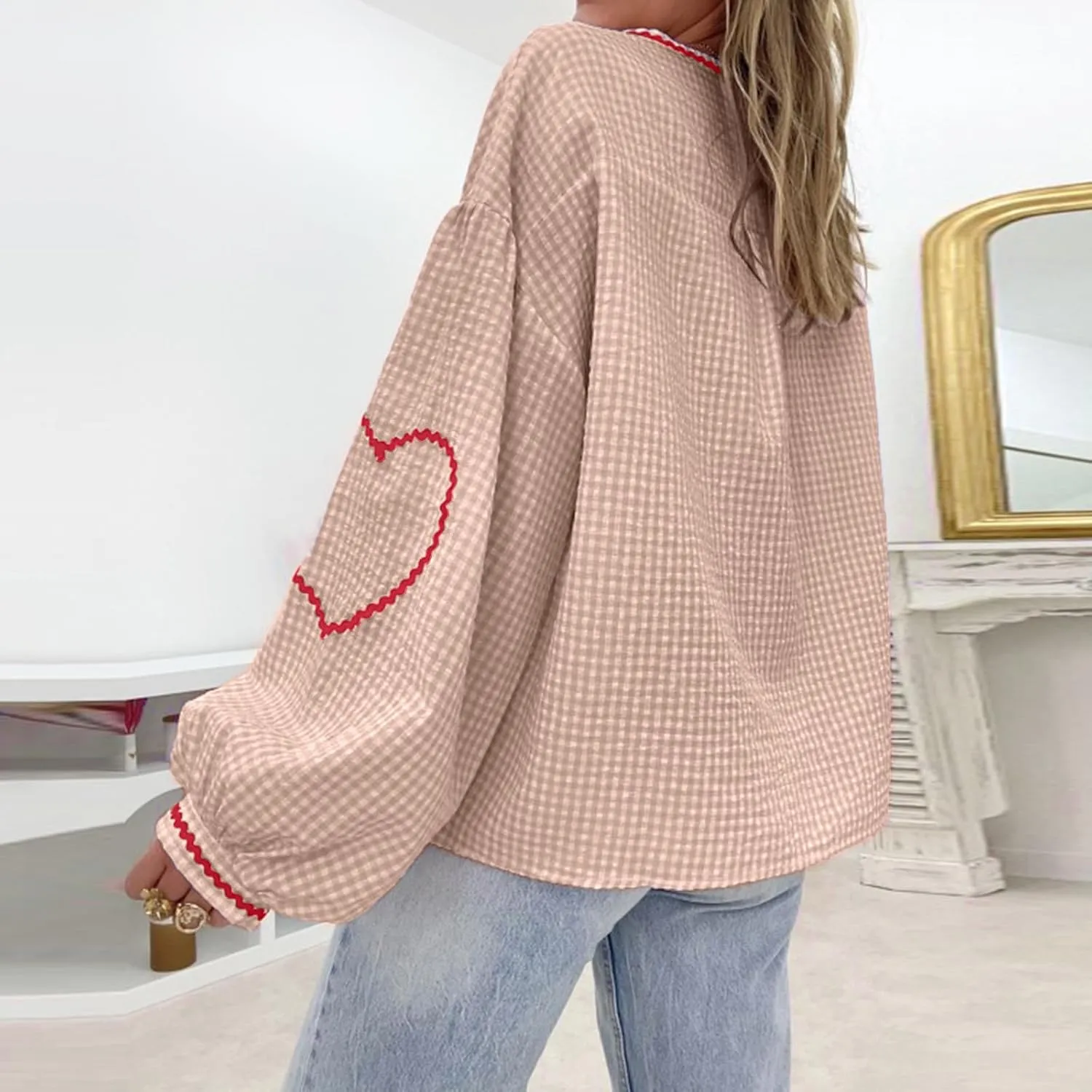 Giraropa Women Plaid Tie Front Top Cute Trim Patchwork Shirt Summer Y2k Puff Long Sleeve V Neck Lace Up Loose Blouse